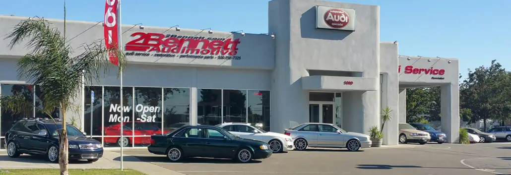 The 2Bennett Audimotive building at 5080 Chiles Road in Davis, with Audis parked out front