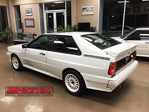 White 1985 Audi quattro in the 2Bennett showroom after a color change